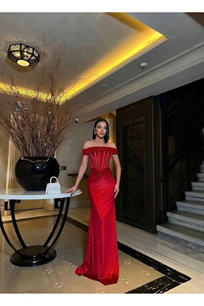 Modafeminen Off-the-shoulder, low-cut, mermaid-style, glittery crepe evening ...