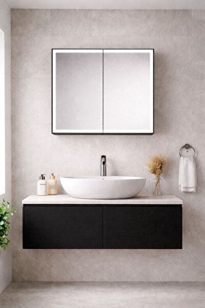 Radinavico Bathroom cabinet with LED mirror, 70x68x13 cm, aluminum, 3 types o...