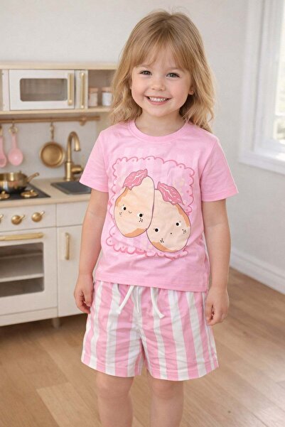 Monila Kız Çocuk Pamuklu Meyve Baskılı T-Shirt ve Çizgili Şort Alt Üst Takım