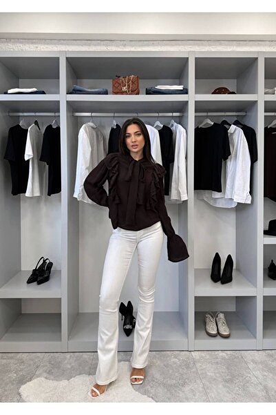 FLOWERİNG Γυναικεία καφέ ισπανική μπλούζα με βολάν στα μανίκια