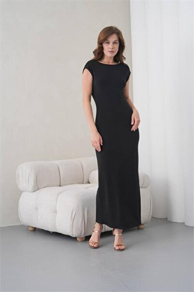 Neşeli Butik Γυναικείο μαύρο βραδινό φόρεμα με ανοιχτή πλάτη και λεπτομέρεια ...