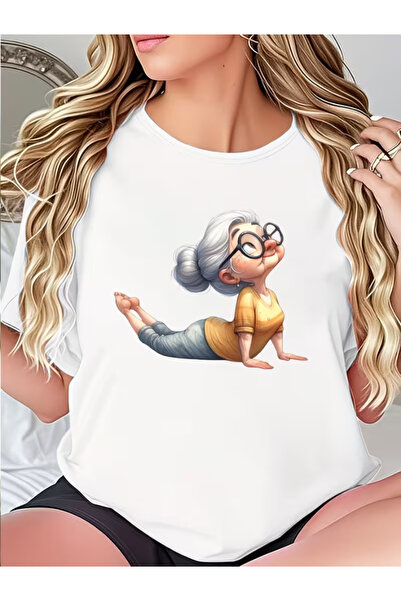 LİNA06 Yoga T-Shirt - Funny Humorous Grandma Pose Print Round Neck Short Slee...