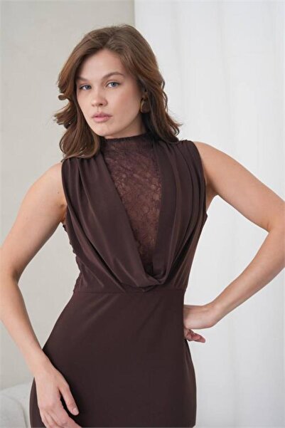 Neşeli Butik Women's Brown Flounce Collar Lace Detailed Maxi Evening Dress Nb...