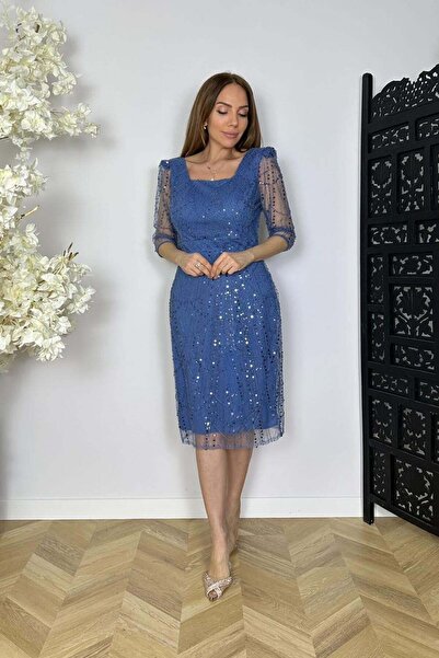 gesmoda G1775 Kare Yaka Boncuk İşlemeli Abiye Elbise İndigo
