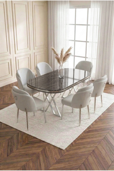 DEREN HOME Asil Gümüş Serisi 90x168 MDF Lak Panel Masa Metal Ayak Yemek Mutfa...