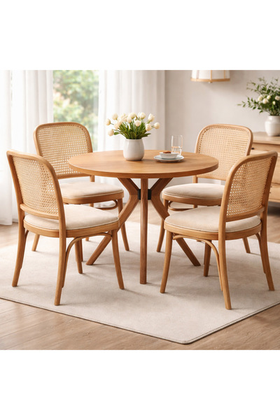 Albero Home Naturel Ahşap Yuvarlak Masa Takımı – 4'lü Hazeran Thonet Sandalye...