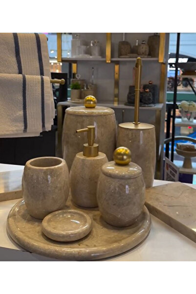 Pietro Di Marble 9 Parça Bej Oval Mermer Banyo Takımı / Banyo Seti (Tepsi, Di...