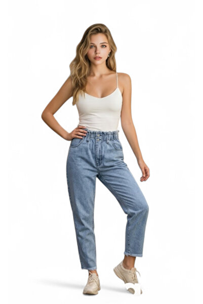 moda camiya Pantaloni de damă albaștri, cu talie elastică, talie înaltă, stil...