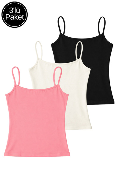 Rich Women's 3-Pack Black-White-Pink Cotton Strappy Crop Tank Top