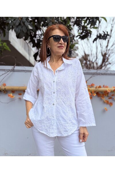 DenizEge Italian Cotton Guipure Collared Shirt White