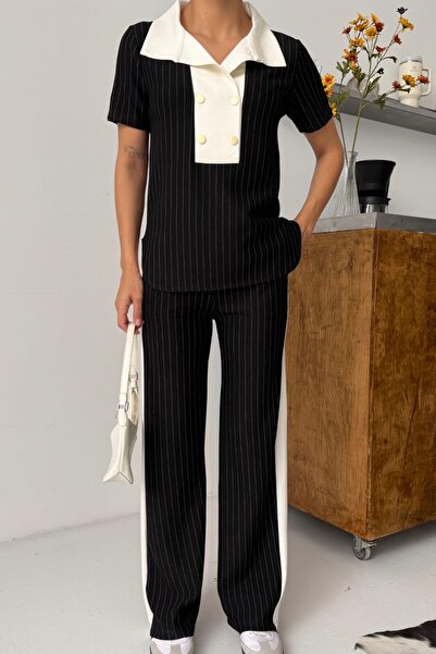 Ded COLLECTION Women's Contrast Collar, Snap Detail, Self-White Striped Styli...