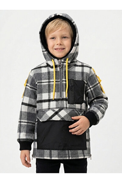 Doctor junior Boys' half-zip hooded black plaid lumberjack shirt
