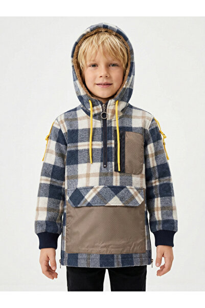 Doctor junior Boy's Half-Zip Hooded Blue Plaid Lumberjack Shirt