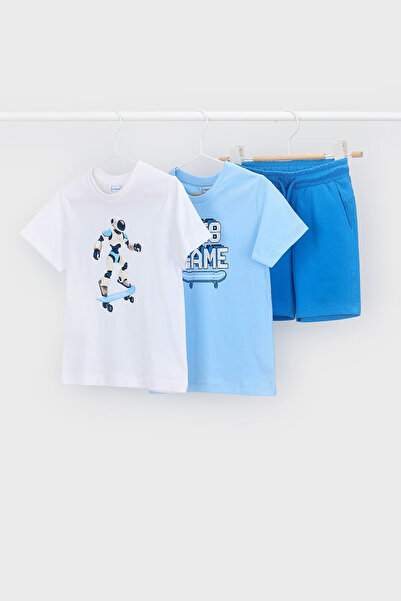 MAYORAL Boys' Robot Printed 3-Piece Shorts and T-Shirt Set - Sky Blue
