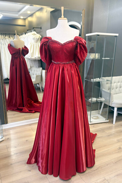 Lenta Moda Kırmızı Düşük Kol Taşlı Lizbon Saten Kuyruklu Abiye Ve Kına Elbisesi