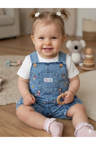 EYMİRGİYİM Kısa Kollu Çiçekli Salopet Kız Bebek Çocuk 2'li Takım 6/9 Ay, 9/12...