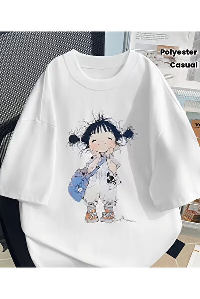 LİNA06 Women's T-Shirt - Cute with Pigtails & Backpack Print