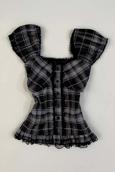 ARS Butik Μαύρο Ανθρακί Καρό Vintage Δαντελωτό Τετράγωνο Γιακά Y2K Κοντομάνικ...