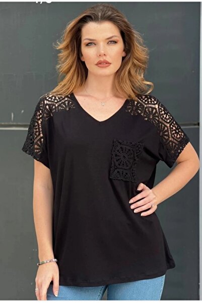 PARKDERİN Kain Black Plus Size V-Neck Lycra Blouse with Shoulder and Pocket L...