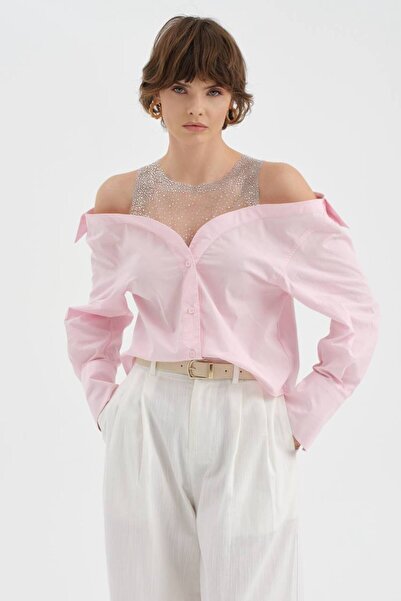 tw3 Γυναικείο πουκάμισο με λεπτομέρεια από τούλι και πέτρες στο γιακά