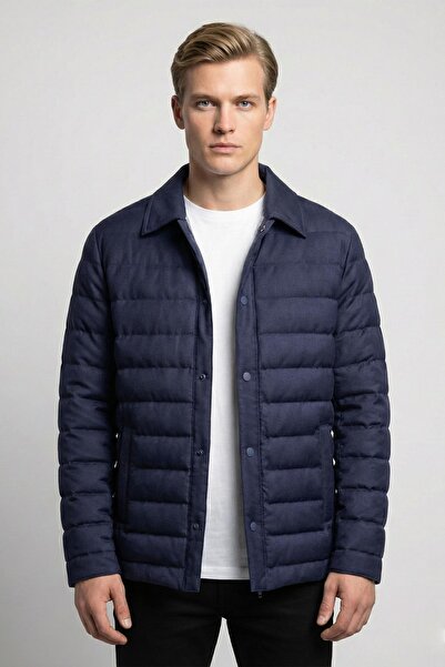 Sabri Özel Giotelli Navy Blue Regular Fit Wool Jacket with Quilted Collar Men...