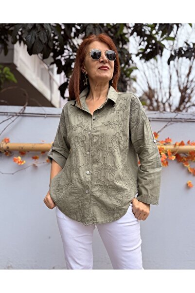 DenizEge Италианска памучна гипюрена риза с яка, цвят каки