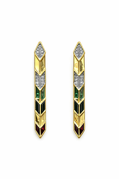 Luminos Butik أقراط متدلية نسائية ذهبية اللون بتفاصيل حجرية هندسية باللون الع...