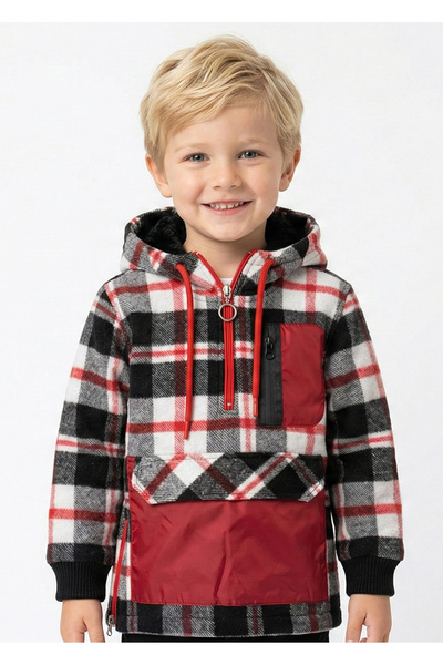 Doctor junior Boys' half-zip hooded red plaid lumberjack shirt