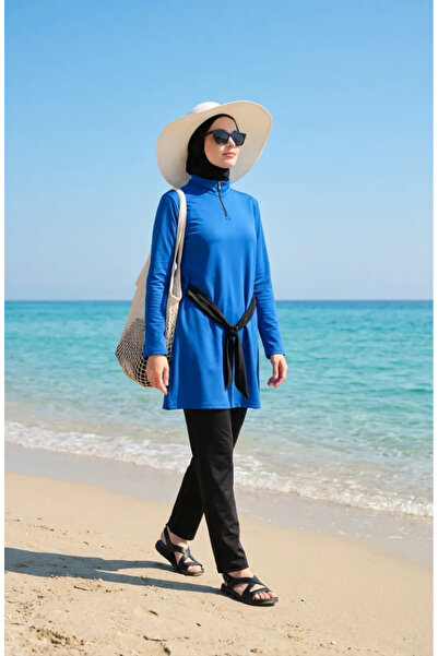 sefamerve Half Collar Zippered Hijab Swimsuit 2600-04 Navy Blue