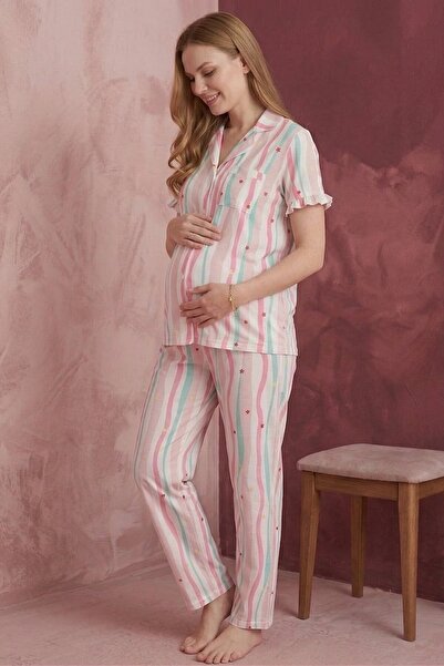 Miss Dünya Lissa طقم بيجامة للحوامل والمرضعات بأكمام قصيرة وياقة قميص وأزرار ...