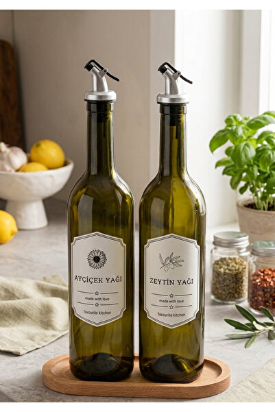 RetroEvDünyası Ahşap Stantli 2’li Set Amber Zeytinyağı ve Sıvıyağı Yağdanlık ...
