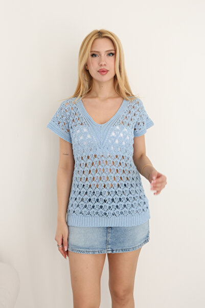 ALCHON V-Neck Sleeveless Flounce Short Sleeve Openwork Hollow Out Simple Styl...