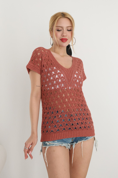 ALCHON V-Neck Sleeveless Flounce Short Sleeve Openwork Hollow Out Simple Styl...