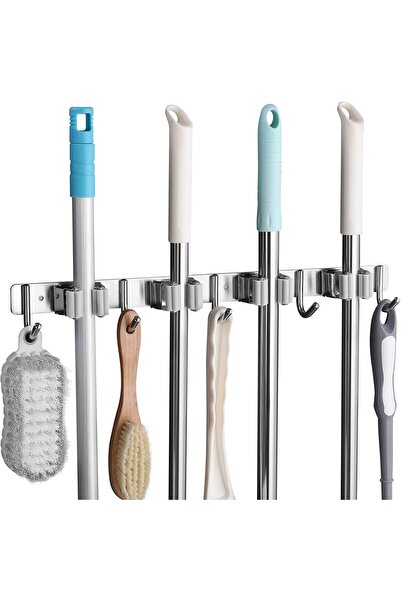 Arabest Stainless Steel Broom Holder Wall Mount, 4 Racks 5 Hooks Storage Orga...