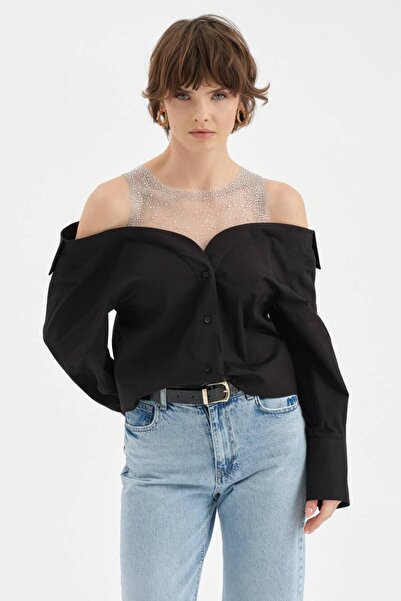 tw3 Γυναικείο πουκάμισο με λεπτομέρεια από τούλι και πέτρες στο γιακά