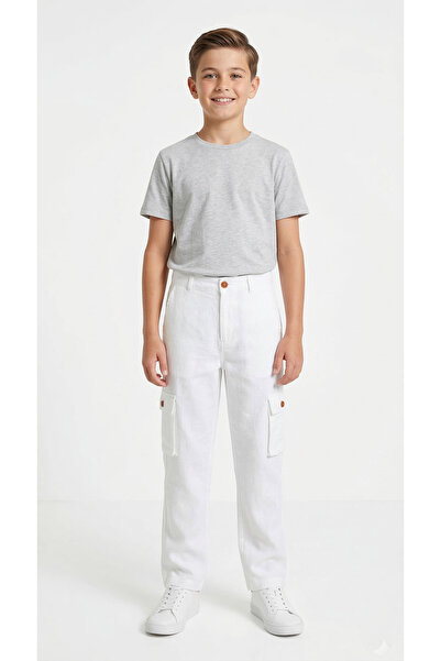 MARCO DONATELI Teen Boys White Straight Fit Cargo Trousers