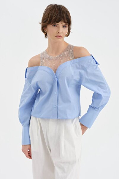 tw3 Women's Collared Shirt with Tulle and Stone Detailing