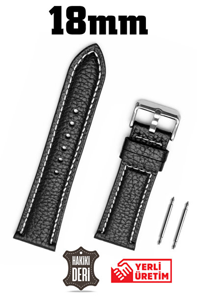 Saatse 18mm Black and White Stitched Floater Genuine Leather Watch Band Strap