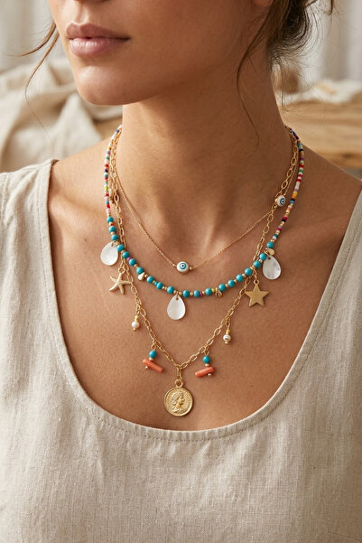 PETEK AKSESUAR Bead Multi Chain Coin Coral Necklace