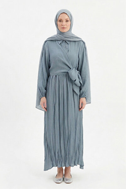 Ceremony Waist-Tied, Latik Detailed Sleeves Nile Dress 747 Blue