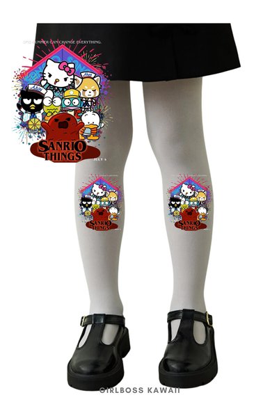 Girlboss Kawaii Stranger Things Hello Kitty Hellfire Club White Pantyhose Mat...
