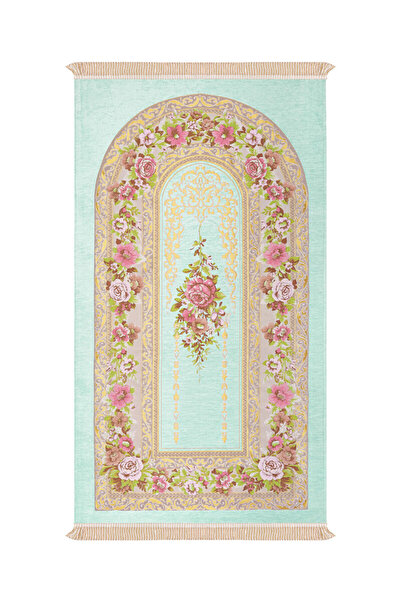 Bursa İpek Water Green Mihrap Pattern Embossed Special Woven Prayer Rug