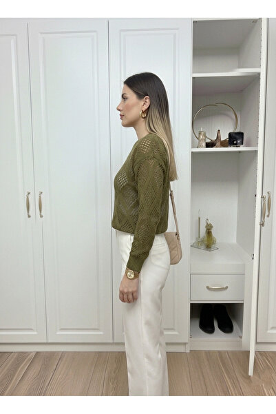 Dier Moda Patterned Long Sleeve Diamond Pattern Knitted Sweater