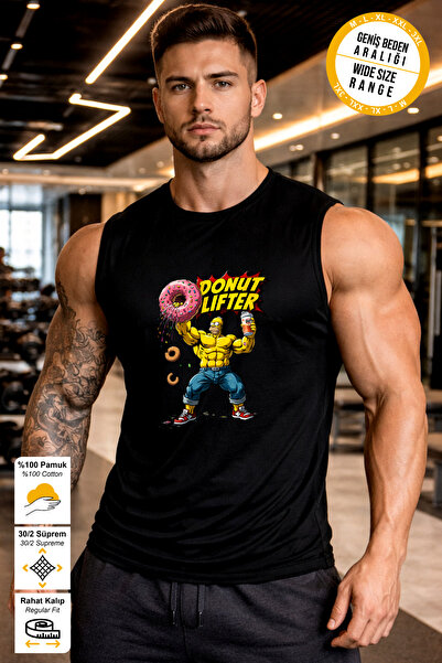 BESSA قميص رياضي أسود مطبوع عليه Black Donut Lifter برقبة دائرية مصنوع من قما...