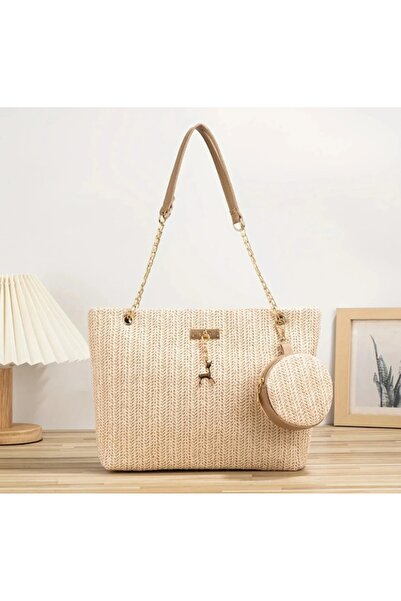 ÇANTA Vip Beige Color Large Size Straw Shoulder Bag and Money Wallet