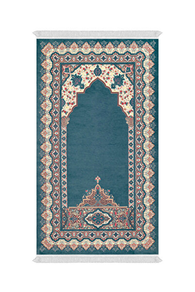 Bursa İpek Petrol Blue Rumi Pattern Embossed Special Woven Prayer Rug