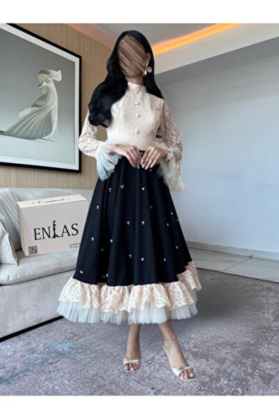 LMAURA Elegant Lace Dress with a Mocha-Colored Panel