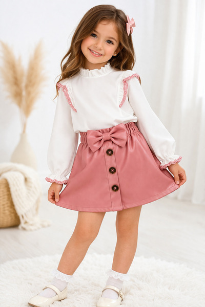 Selvira Special Occasion Girls' Set |   Hakim Collar Blouse and Buttoned Leat...