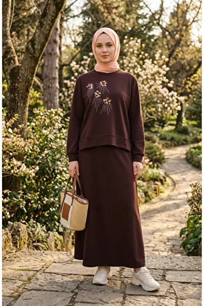 sefamerve Floral Embroidered Stoned Double Set 0255-01 Brown