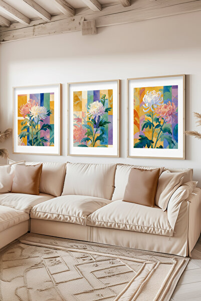 STARYUNA Wooden Framed Colorful Flower Composition Triple Painting Set Ucyuna609